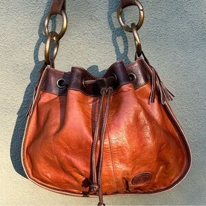 Vintage Western Leather Landy Distressed Bucket Bag Drawstring Crossbody Hobo